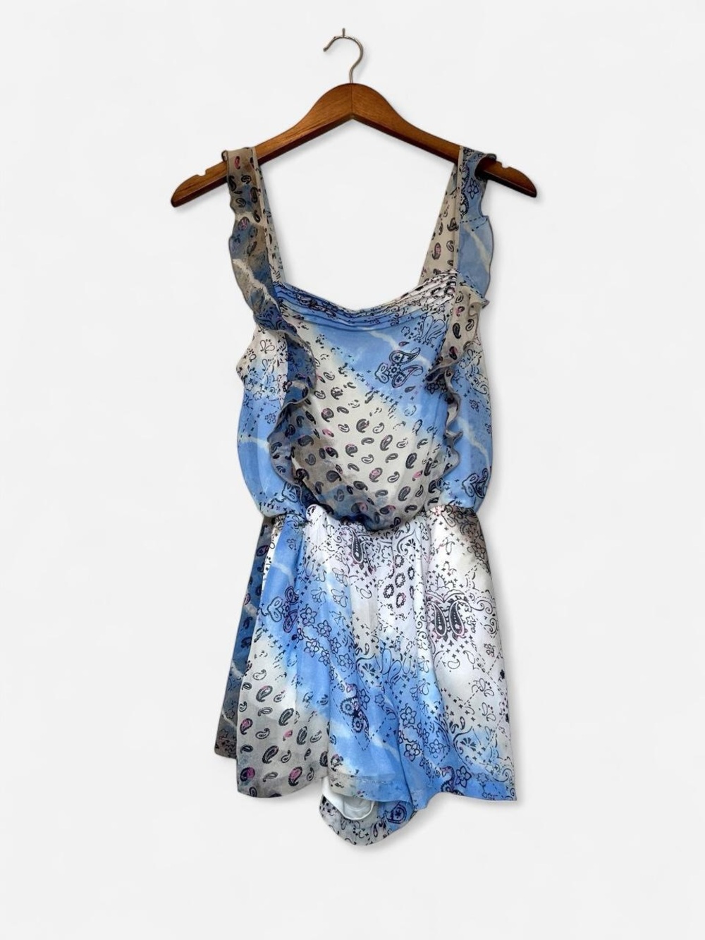Vera Wang Blue Paisley Square Neck Ruffle Romper